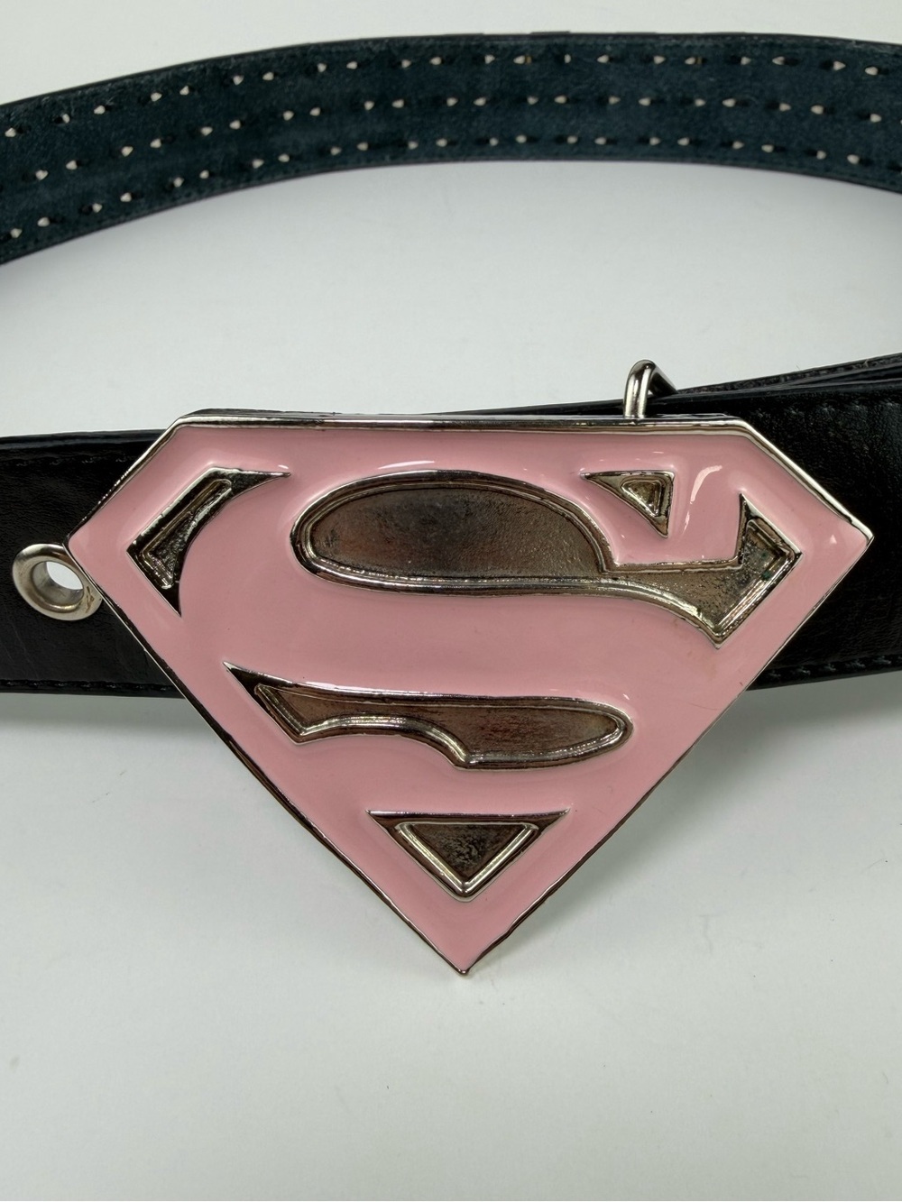 Studded Leather Belt with Pink Superman Buckle Size Medium Y2K - Picture 5 of 10